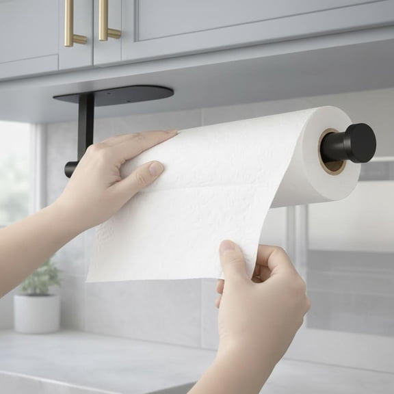Stainless Steel Under Cabinet Paper Towel Holder, Black Wall Mount with Self-Adhesive or Screw Installation for Kitchen Counter, Bathroom, and Cabinet Organization