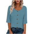 thumbnail image 2 of Yrmaups Loose Fit 3/4 Sleeve T Shirt for Women Plus Size, Casual Round Neck Button Down Blouse, Soft Stretch Basic Tee for Vacation Office Home Daily Wear, Navy XL, 2 of 5