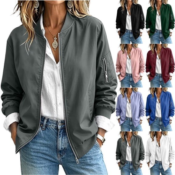 RongHuan Jacket for Womens Casual Zip Up Ribbed Long Sleeve Fall Coat Lightweight Bomber Jackets with Pockets