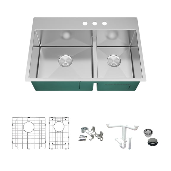 Transolid KKM-DTDO332210-3 Diamond 33-in L x 22-in W 60/40 Double Bowl Dual-Mount Kitchen Sink and Accessories Kit with 3 Pre-Drilled Holes in Stainless Steel
