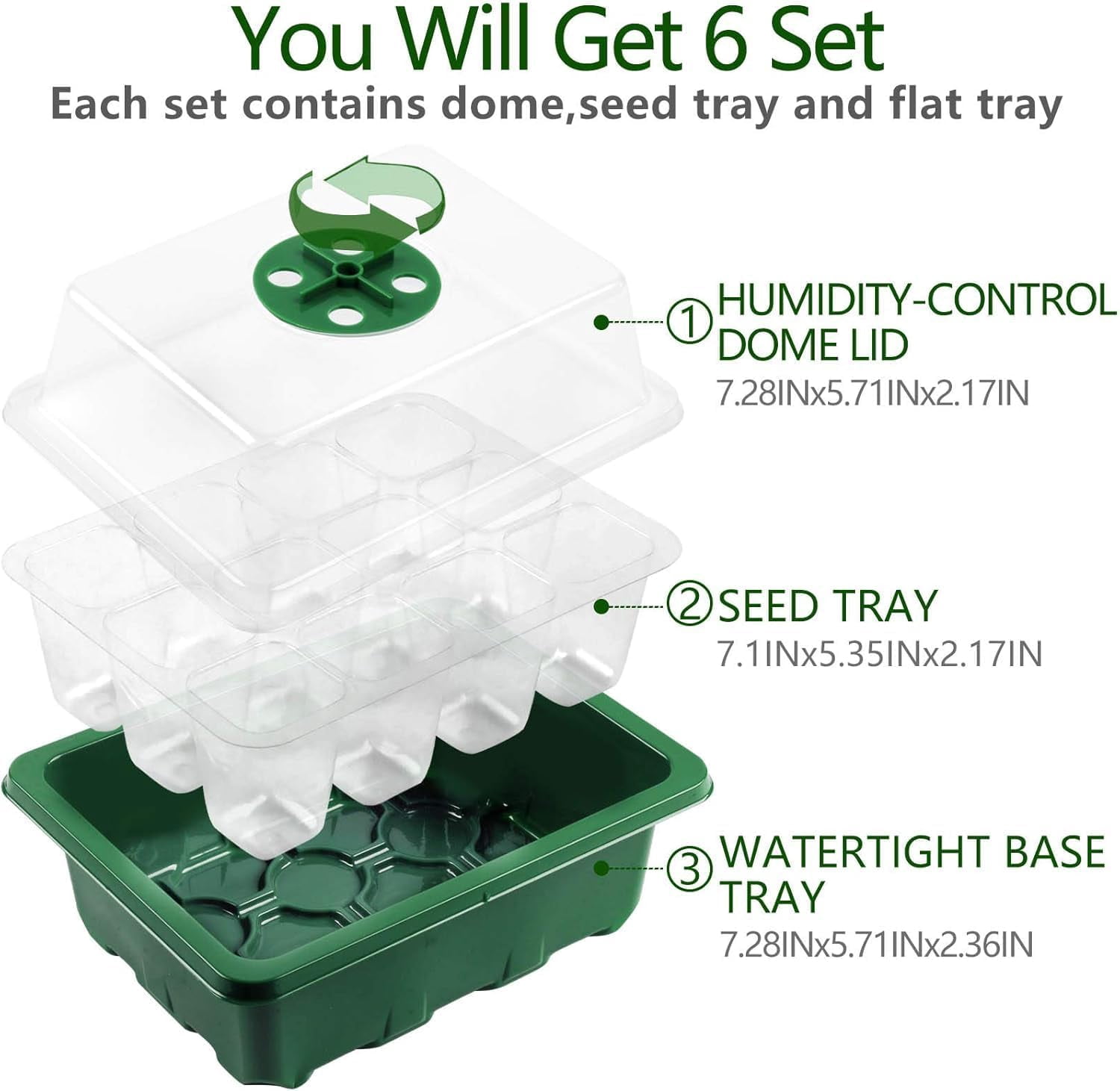 Seed Starter Tray, 6 Set with Adjustable Humidity Dome, Plant Starter Kit for Seeds Growing