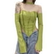 thumbnail image 1 of Lucakuins - Camiseta corta con hombros descubiertos para mujer, manga larga, color sólido, halter, dobladillo irregular Lucakuins  moda, 1 of 9