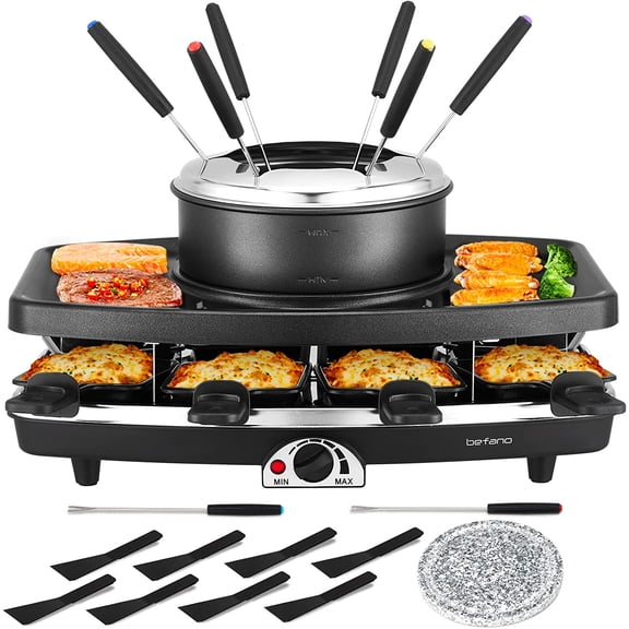 Electric Raclette BBQ Grill with Fondue Pot Sets, Portable Korean Table Grill Electric Indoor Cheese Raclette, Dual Adjustable Thermostats, 8 People Serve Perfect for Parties and Family Fun