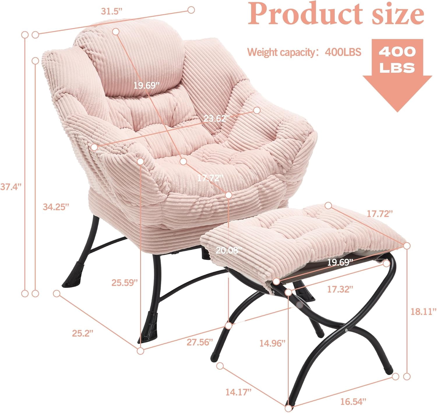 MOONMISS Corduroy Upholstered Oversized Lazy Chair Set of 2 with Folding Ottoman and a Side Pocket,Pink