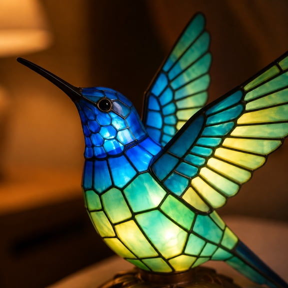 Desk Lamp, Stained Glass Bird Lamp, Bird Night Light, Nature Themed Decor, 7X5.5 Inch Blue Flying Hummingbird Led Desktop Ornament, Lead Glass Build with Leaf Style Base for