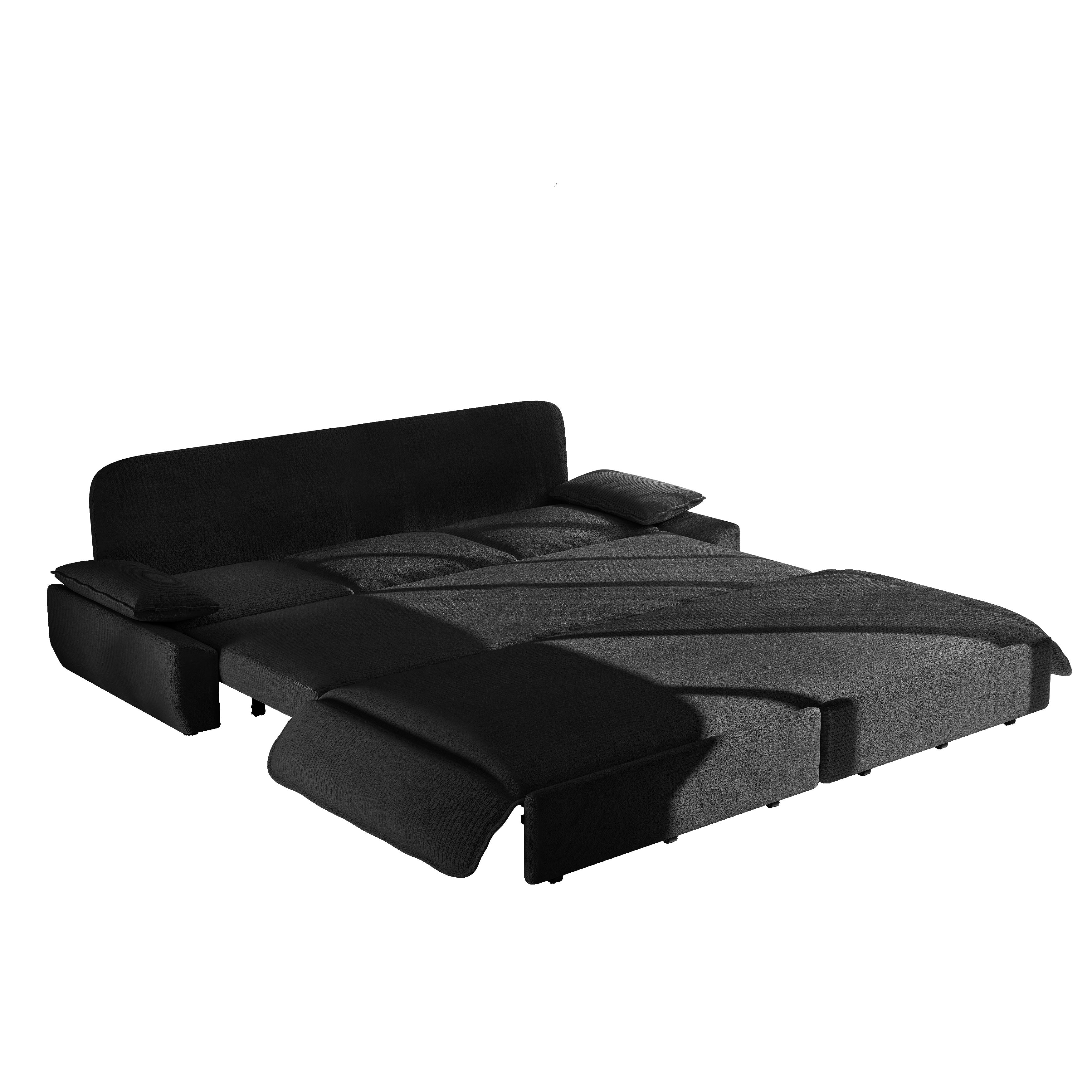 3-in-1 King Size Sleeper Sofa Bed, 94.5" Corduroy Convertible Pull Out Couch with Steel Frame, Modern Folding Lounge Sofa for Living Room, Black