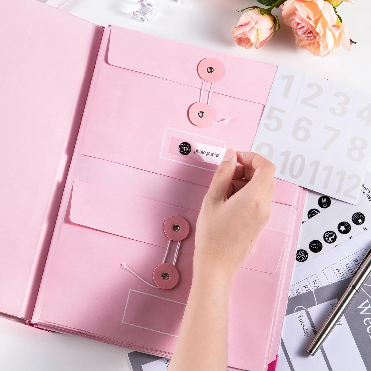 Folio Document Organizer with Labels, Important Folders with Pockets,File Stylish Binder for Storing Important Papers, Certificates, Passports, Photos, and Letters (Pink)