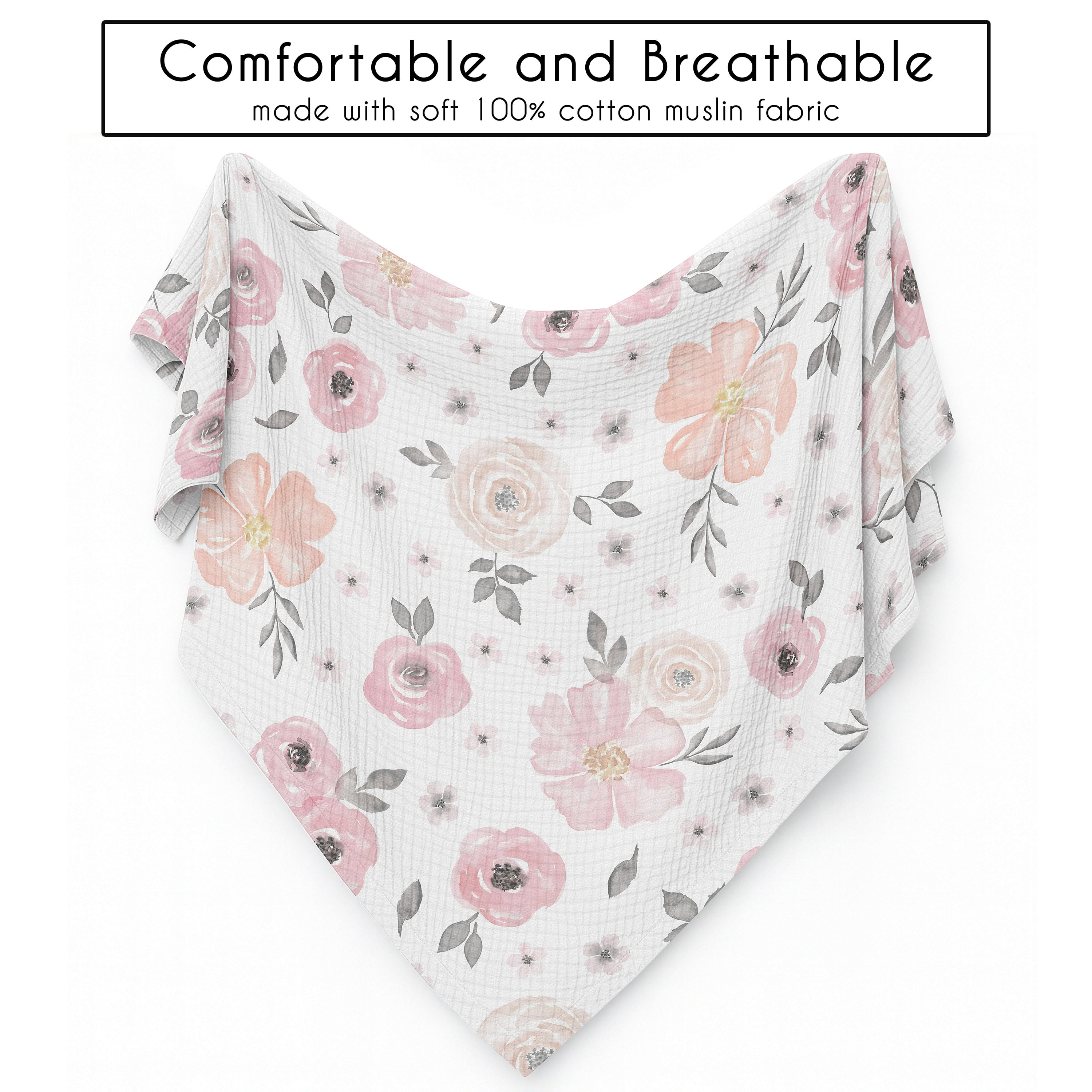 Sweet Jojo Designs Watercolor Floral Pink and Grey Girl 100% Cotton Muslin Baby Swaddle Receiving Blanket