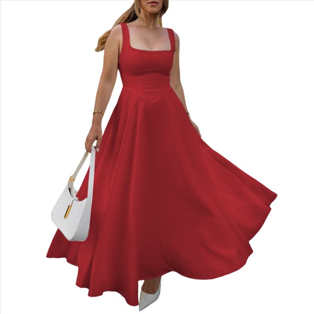 Vestido Midi Fluido con Escote Cuadrado y Tirantes Anchos para Mujer, /Verano 2025, para Invitada de Boda, Baile, Cóctel Rojo XL