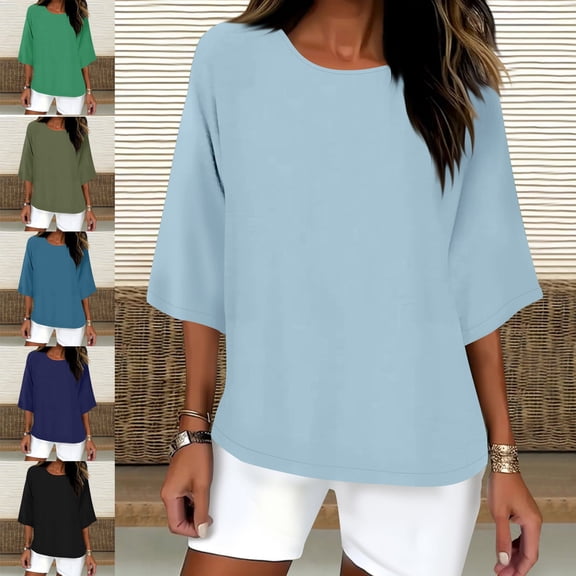 Zysthvn 3/4 Sleeve Womens Shirts Casual Tunic Plus Size Cotton Blend Womens T Shirts Lightweight Solid Crew Neck