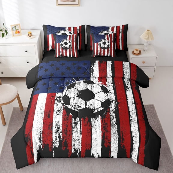 Manfei Soccer Sports 7-Piece Twin Bedding,Vintage Us Flag Bedding Comforter Set,Red White,Black Reversible