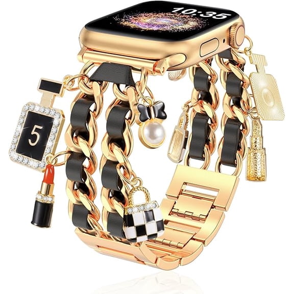 XIUDA Gold Dressy Metal Charm Watch Band Compatible with Apple Watch Band 38mm-49mm Pendant Chain Bracelet Band for iWatch Band Ultra 2/Ultra Series 10 9 8 7 6 5 4 3 2 1 SE