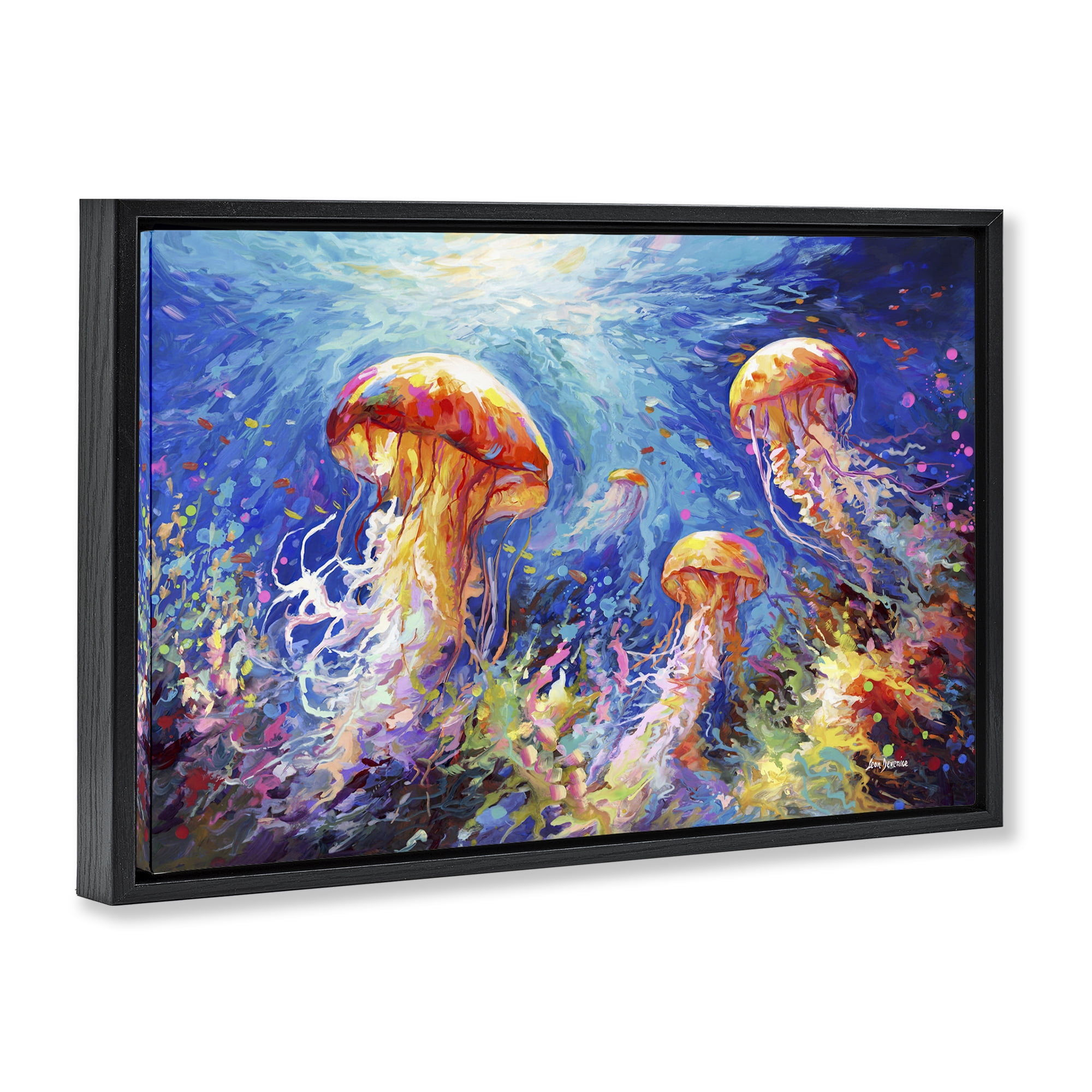 Stupell Industries Jellyfish Serenade Underwater Animals & Insects Painting Black Floater Framed Canvas Art Print Wall Art, 25 x 17