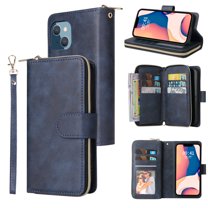 Feishell for Apple iPhone 14 Plus (6.7 inch) Wallet Case for Women Men,Premium PU Leather Magnetic Clasp Zipper 9 Card Slots Folio Flip Holder Shockproof Purse Phone Case with Wrist Strap,Blue