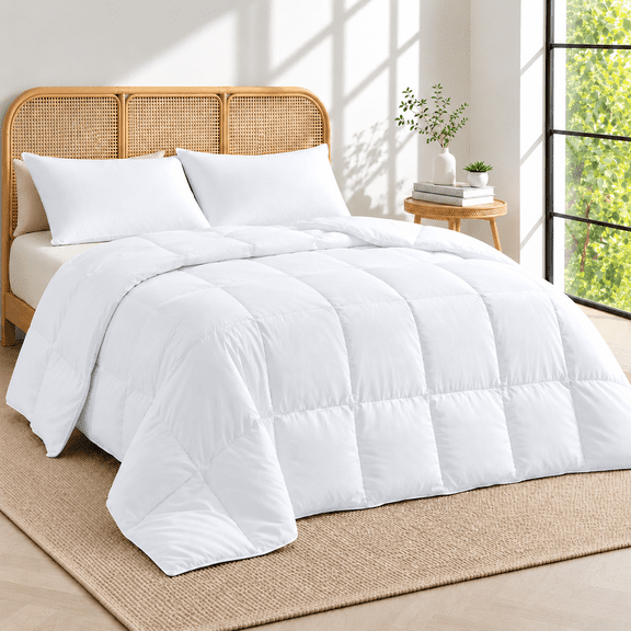 Unikome Lightweight Goose Feather Fiber Comforter, Full/Queen Size, Soft Duvet Insert with Box Stitch Design, 8 Loops, Machine Washable, 88 x 88 in, White