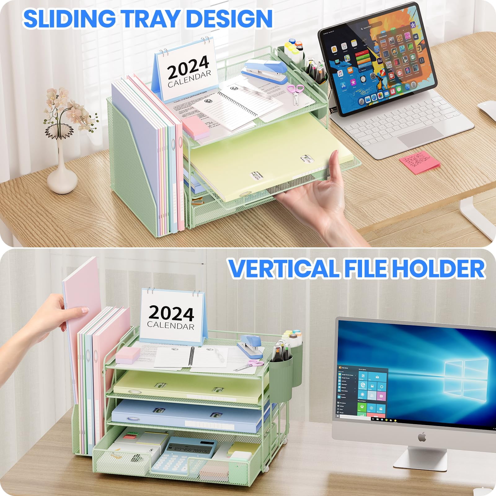 Desk Organizer  4-tier Desktop File With Drawer And 2 Pen Holders Office Accessories Sorters Workspace Organizers For Supplies(green)