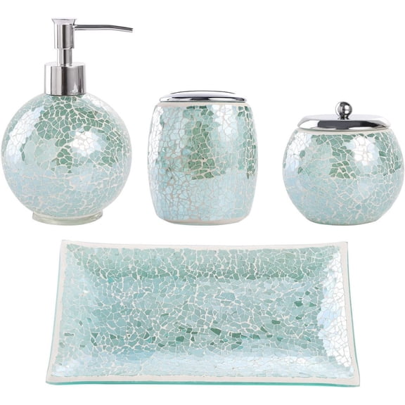 Whole Housewares Bathroom Accessories Set 4-Piece Glass Mosaic Bath Accessory | 1, Torquoise
