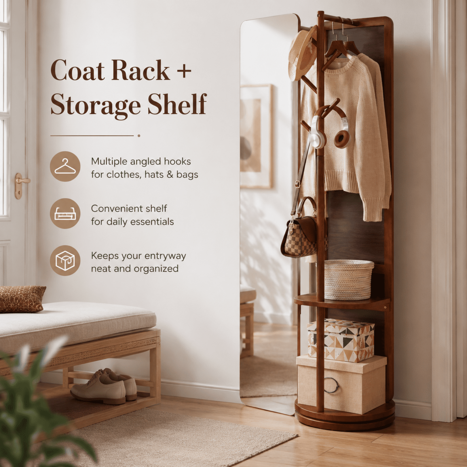 Miniyam Full Length Mirror with Coat Rack and Storage, 68.9" x 15.75" 360° Rotating Solid Wood Standing Mirror for Bedroom and Entryway, Walnut