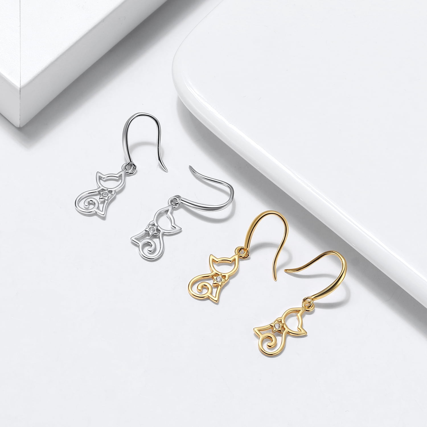 Kitty Cat Hook Dangle Earrings for Women Sterling Silver Ginger Lyne Collection