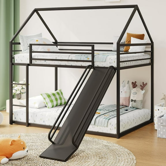 Twin Over Twin Bunk Bed, Montessori Floor Bunk Bed Frame with Convertible Slide, Heavy Duty Metal Low Bed with House Shape and Roof, Black