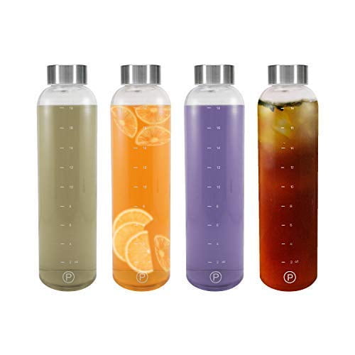 Easy to Clean 6 Pack 17 oz Clear Glass Water Bottle Bottles with Silver Stainless Steel Leak Proof caps Perfect Reusable Drinking Bottle for Beverages,Juicer,Sauce Jar and Kefir. 