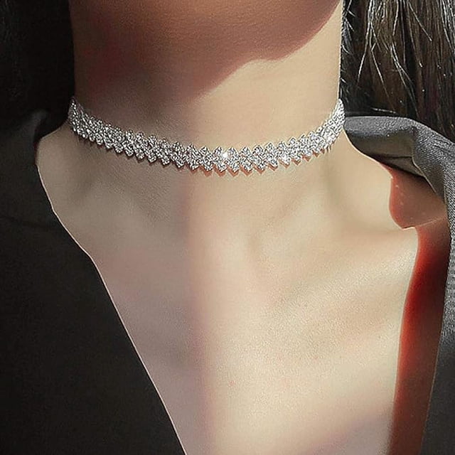 Gargantilla con diamantes de imitación, collares con hileras de diamantes plateados, collar de cristal brillante, joyería de cadena, accesorios minimalistas para fiestas y bailes para mujeres y niñas