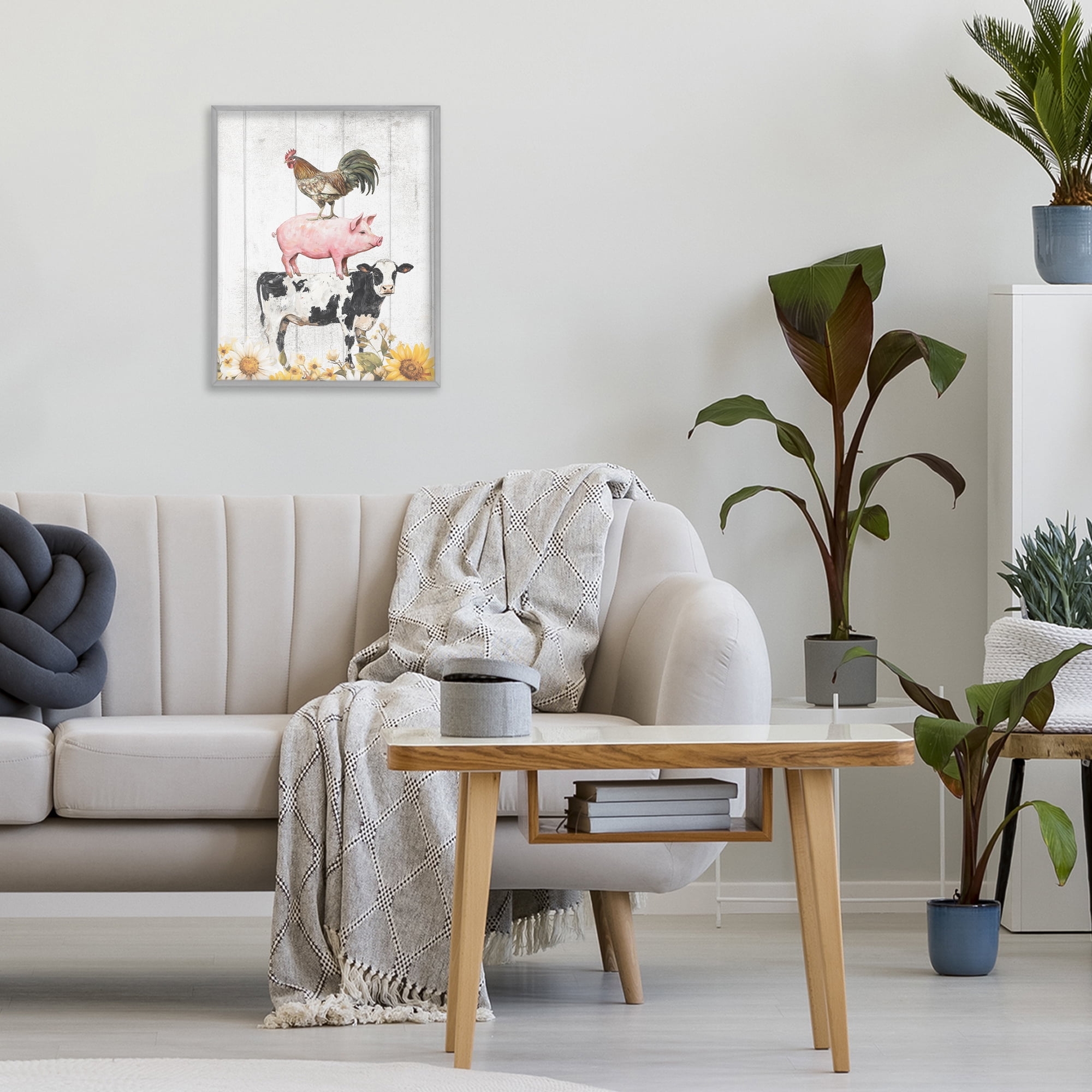Stupell Industries Farm Animal Stack and Sunflowers Gray Framed Giclee Art, design by Christine Simpson Art