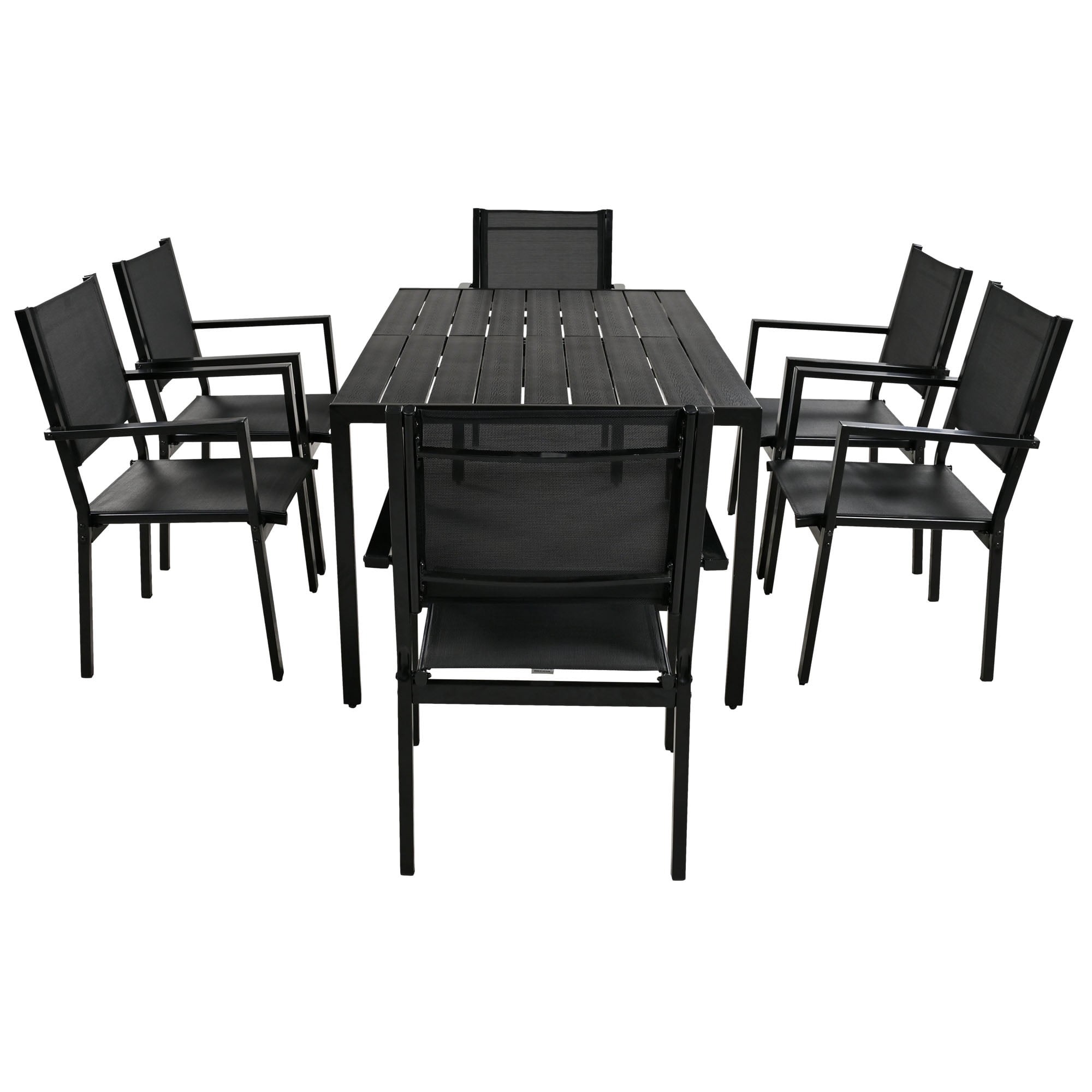 Outdoor Dining Table & Chairs, Patio Dining Sets with 6 Stackable Textilene Armchairs, All-Weather Plastic Furniture Dining Set Steel Frame and Wood Grain Top Table