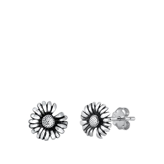 Sterling Silver Sunflower Stud Earrings Oxidized Flower Push Back 925 New Jewelry Female Unisex