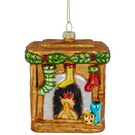 4" Bronze Glittered Fireplace Glass Christmas Hanging Ornament