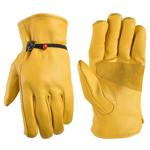 HOMEIORA Leather Work Gloves for Men - Heavy Duty, Leather, Abrasion & Puncture Resistant - Adjustable Wrist, Gunn Cut Design, Ideal for Ranching, Farming, Construction, S, Yellow
