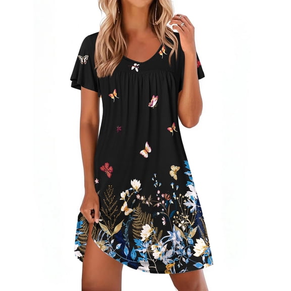 Ekouaer Nightgowns for Women Short Sleeve Sleep Shirts Pleated Night Dress V Neck Night Shirts Soft House Dress