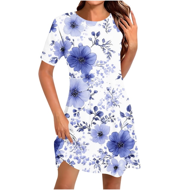 Staron Women Dresses Summer Spring Round Neck Sundress A-Line Flowy Short Sleeve Loose Beach Midi Dress