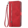 thumbnail image 3 of SaniMore Case for iPhone 14 Pro 6.1" 2022, PU Leather Zipper Wallet Detachable Lanyard Retro Embossed Flower Crad Slots Flip Kickstand Full Body Protective Drop-proof Case For iPhone 14 Pro, Red, 3 of 15