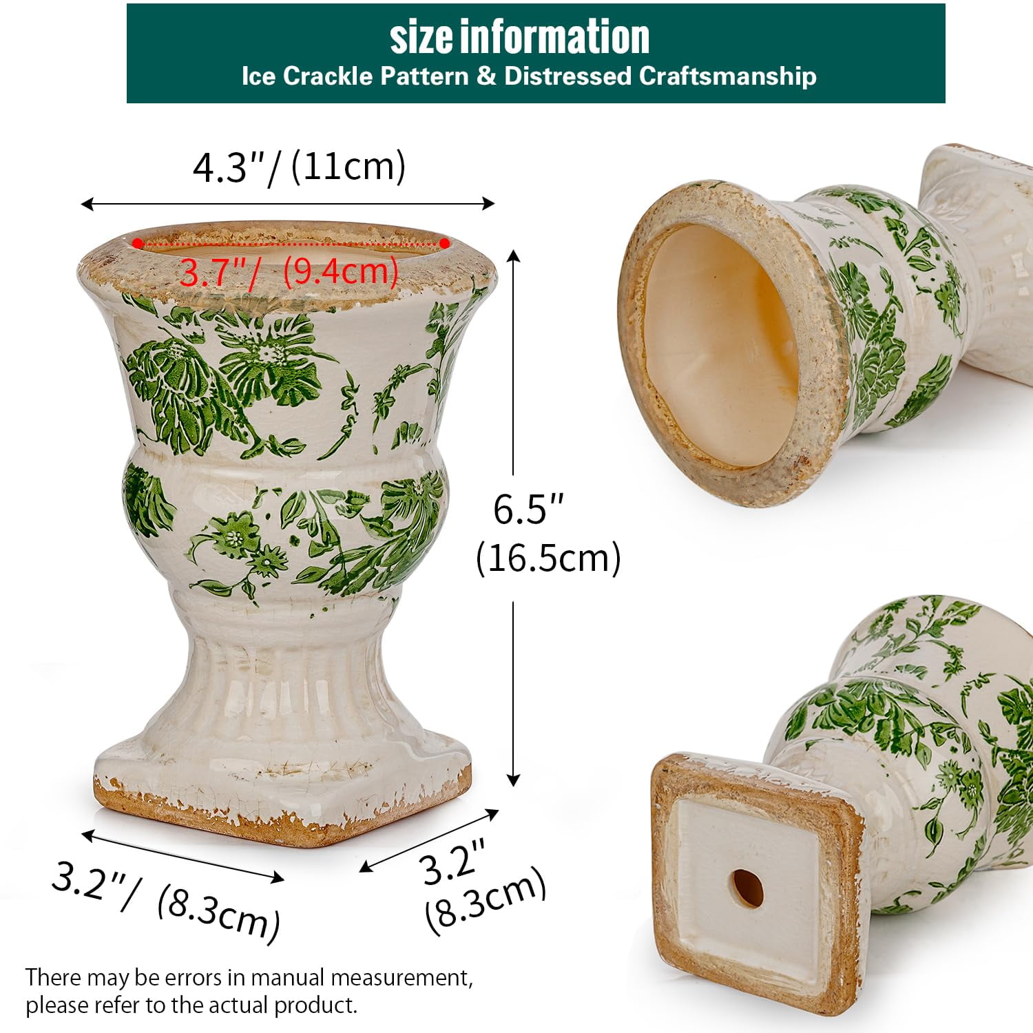 Sungmor Small Ceramic Urn Planter - Green Scroll Floral Pedestal Flower Pot, Decorative Vintage Chinoiserie Style Planters, Tuscan Accent Vase Indoor Outdoor Plant Holder with Drainage