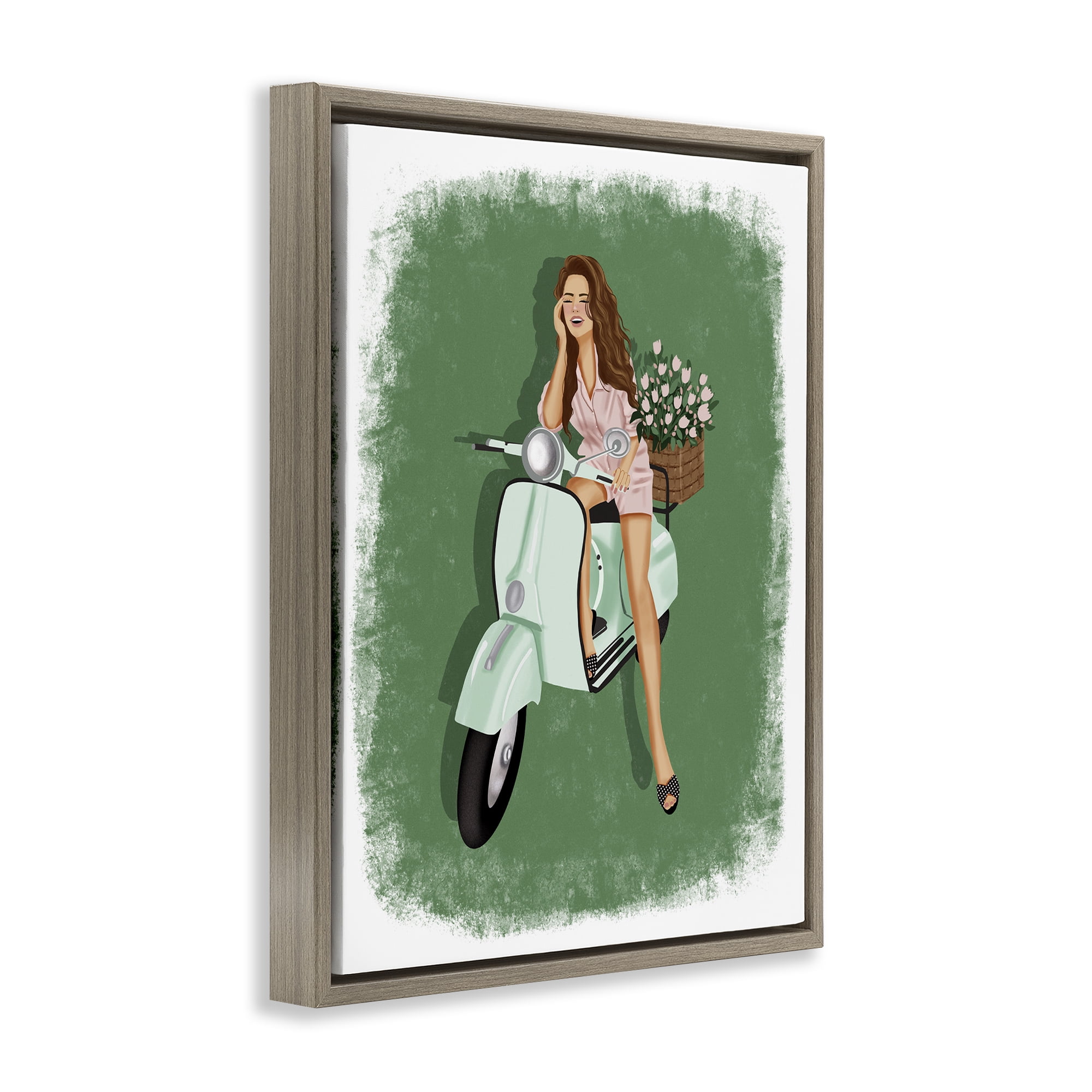 Stupell Industries Laughing Girl on Scooter People Painting Brown Floater Framed Canvas Art Print Wall Art, 17 x 21