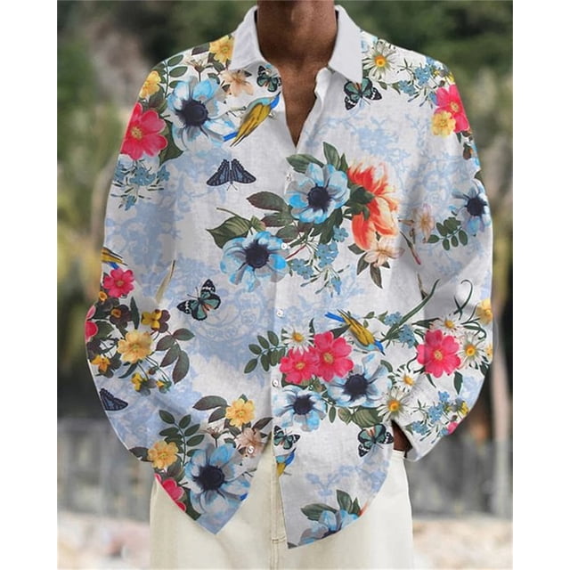 Camisa con botones y cuello vuelto de manga larga con estampado abstracto 3D de flores de llama para hombre, superventas de