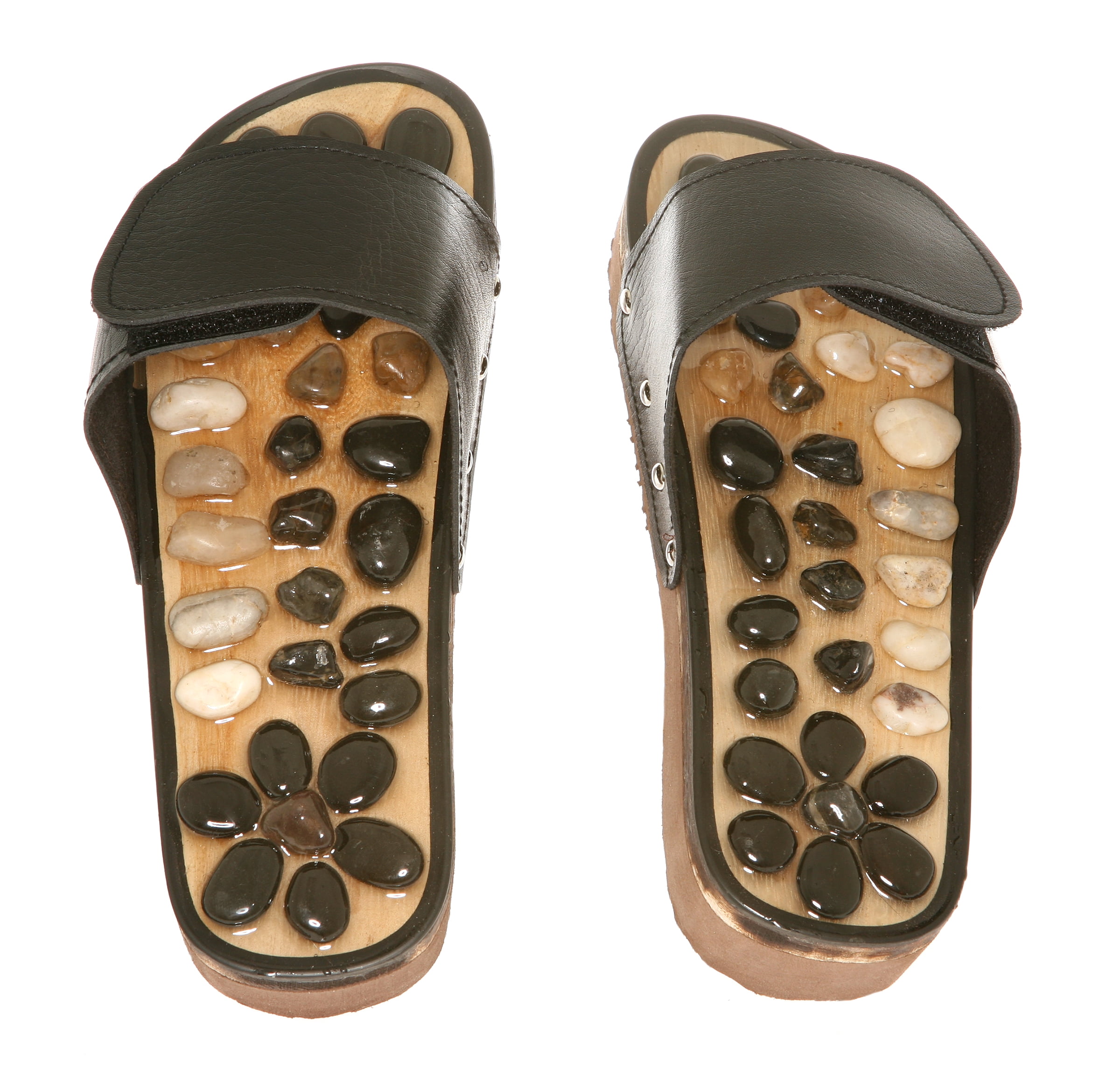 Deluxe Comfort Womens Natural Gem Stone Reflexology Sandals, Size 7 – Stunning Gem Stone And Bamboo – Memory Foam Sole – Stimulating and Detoxifying Massage – Foot Massager Sandals, Black