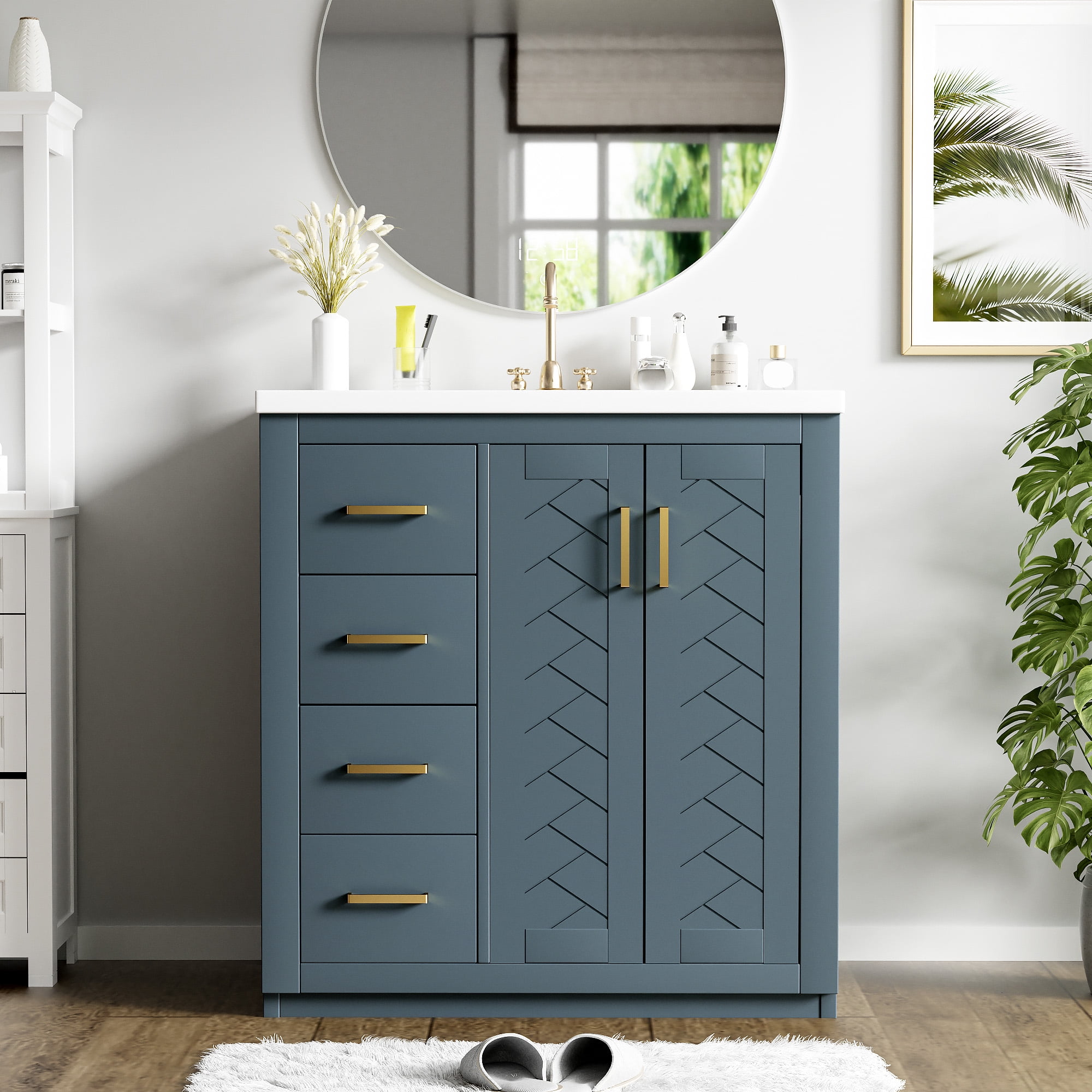 Euroco 30'' Bathroom Vanity with Ceramic Sink Combo,Solid Wood Frame Bathroom Storage Cabinet, Freestanding Vanity Set with 3 Drawers& Soft Closing Doors
