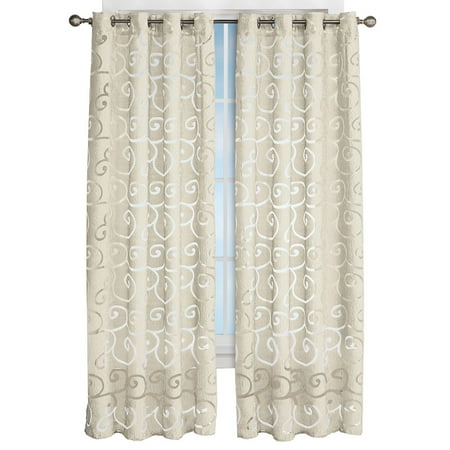 Elegant Faux Silk Textured Scroll Sheer Curtain Panel With Metal