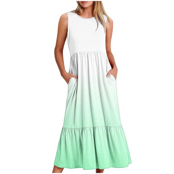 Uaswgudfs Sleeveless Tiered Ruffle Midi Dress - Elegant Casual Summer Dresses for Women 2025 with Front Pockets & Flowy Fit Green L