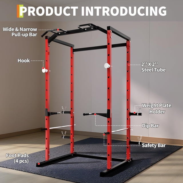 Kojooin Heavy Duty Squat Rack Power Cage, 1100 lb Capacity Home Gym Power Rack with Pull Up Bar, Dip Bars and Plate Storage