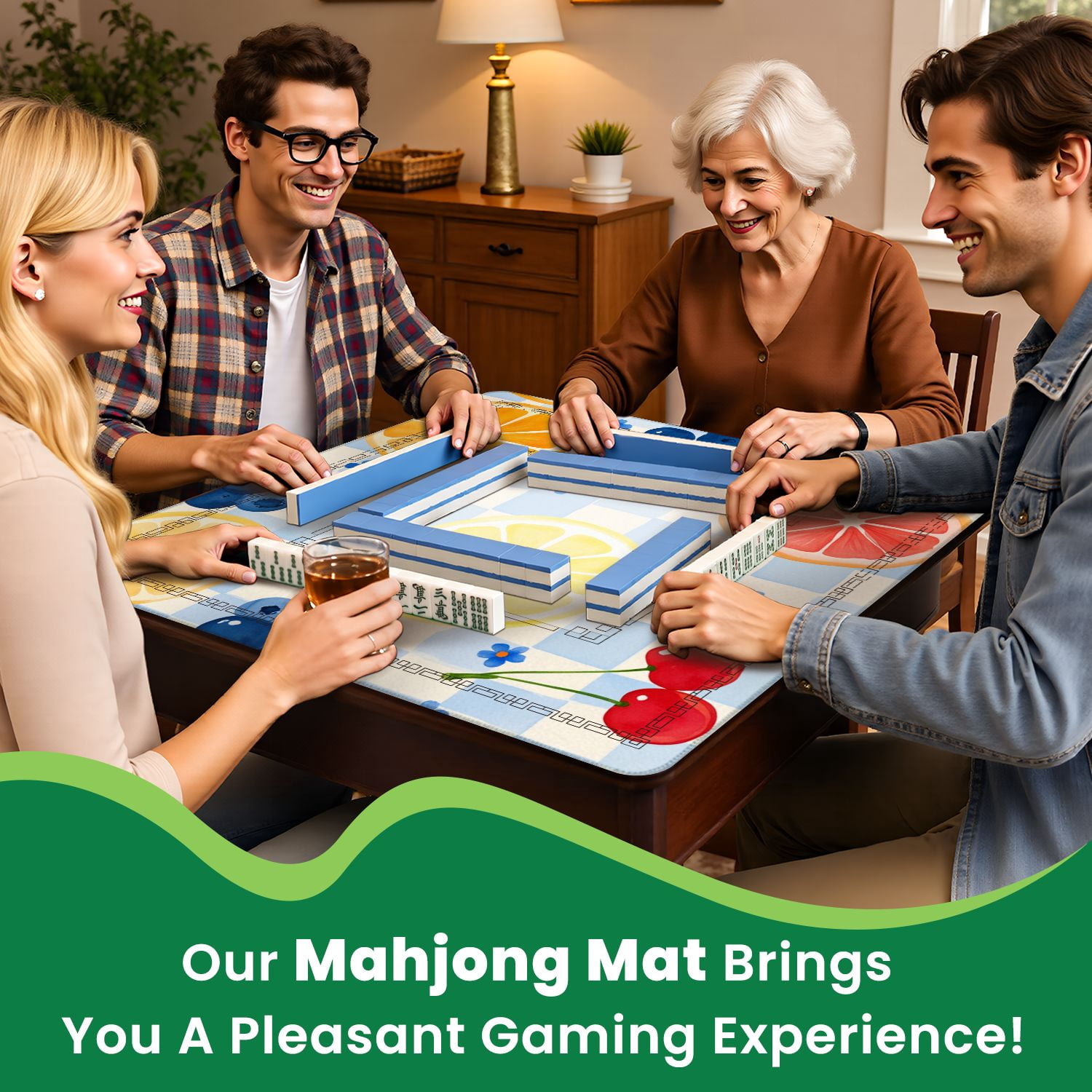 Mahjong Mat 31.5" x 31.5" Colorful Fruit Checkered Citrus Berries Non-Slip Noise Reduction American Mahjong Tiles Table Cover for Dominoes Poker Card Board Games Gift