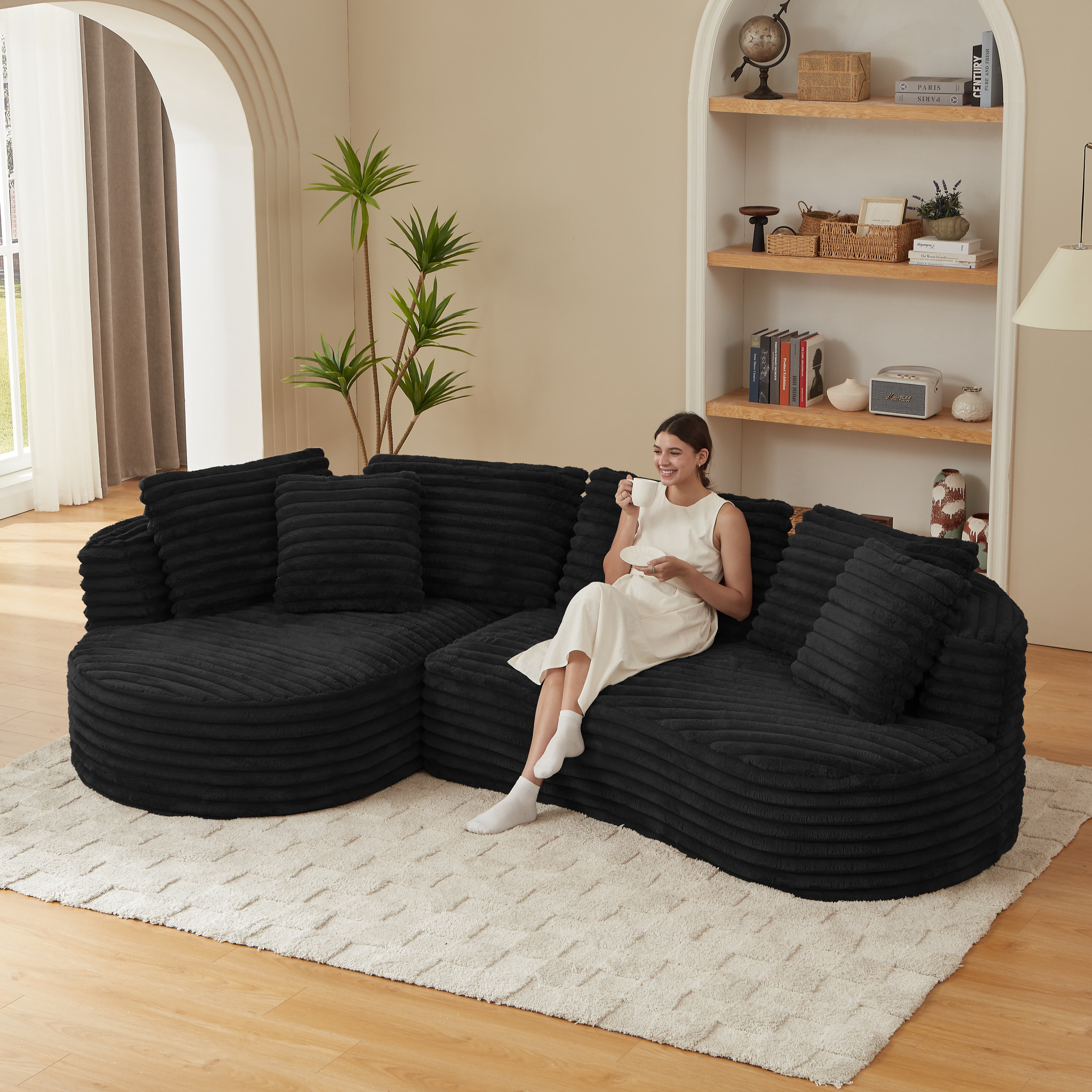 MAYEERTY Corduroy Curved L-Shape Oversized Sectional Sofa, Minimalist Luxury Sleeper Couch for Apartments, 121"W x 66"D x 35"H