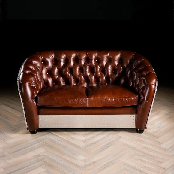 Nauticalmart Vintage Leather Loveseat Aviator Couch Aluminum Industrial Sofa Home Decor Silver Furniture