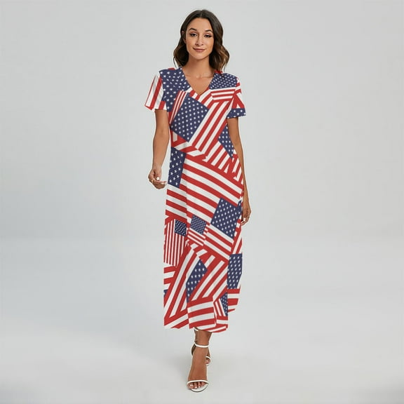 Independence Day Usa Flag Pattern Printed Short Sleeve Maxi Dress, American Flag Fashion Summer Maxi Dress For Women. Gifts For Us Independence Day, 4Th Of July