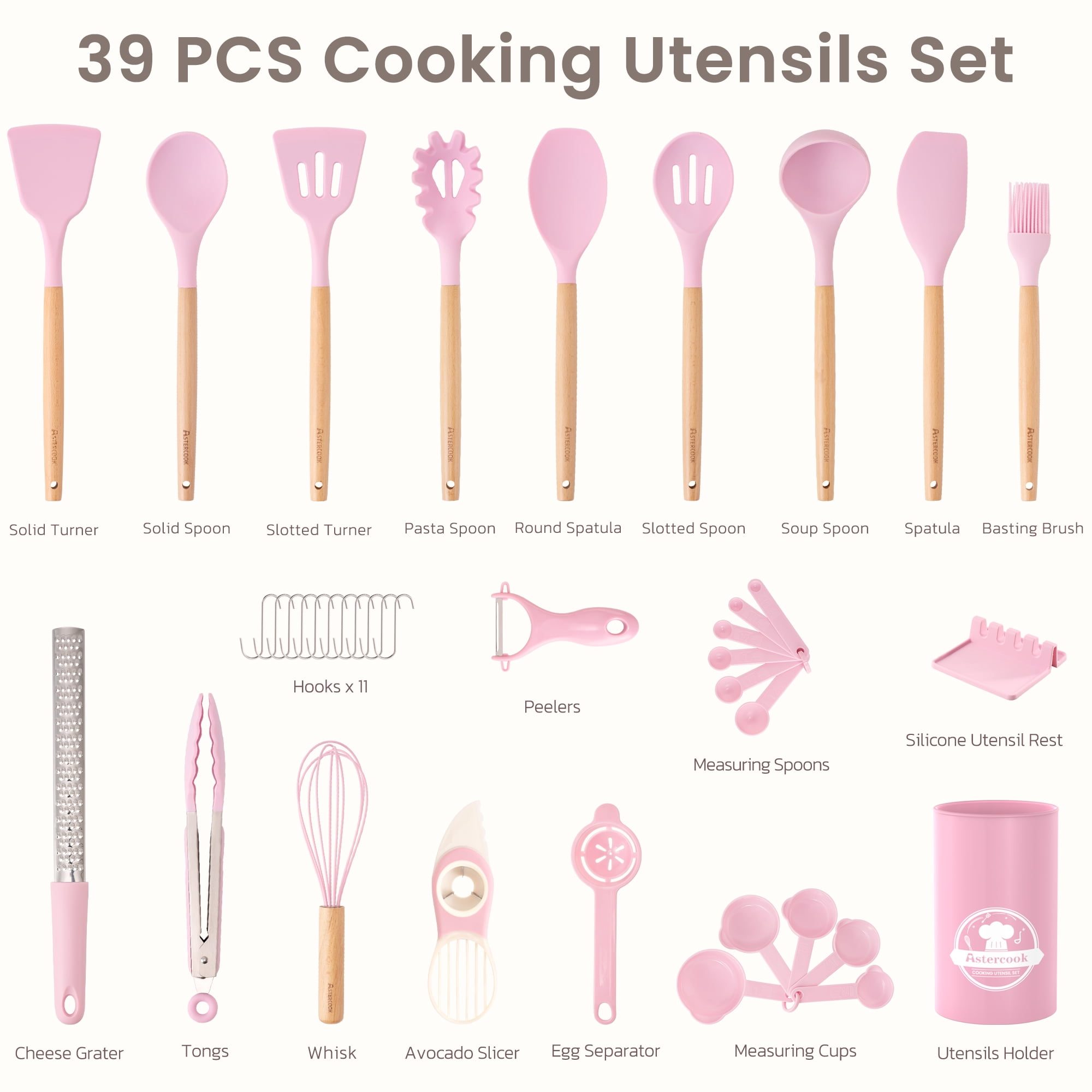 Astercook Silicone Cooking Utensils Set, 38 PCS Kitchen Utensils Set for 446°F Heat Resistant, Food Grade Utensil Sets with Wooden Handle, Kitchen Gadgets for Nonstick Cookware BPA Free (Pink)