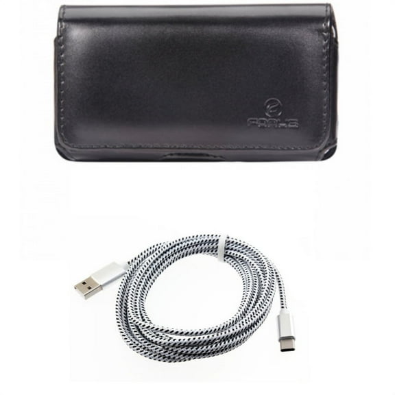 Swivel Leather Case Belt Clip w Charger Cord Type-C 10ft USB Cable Q3Q for Acer Liquid Jade Primo - ASUS ROG Phone, ZenFone 4 Pro - Blackberry Motion - BLU Vivo XI Plus - Google Pixel 3 XL