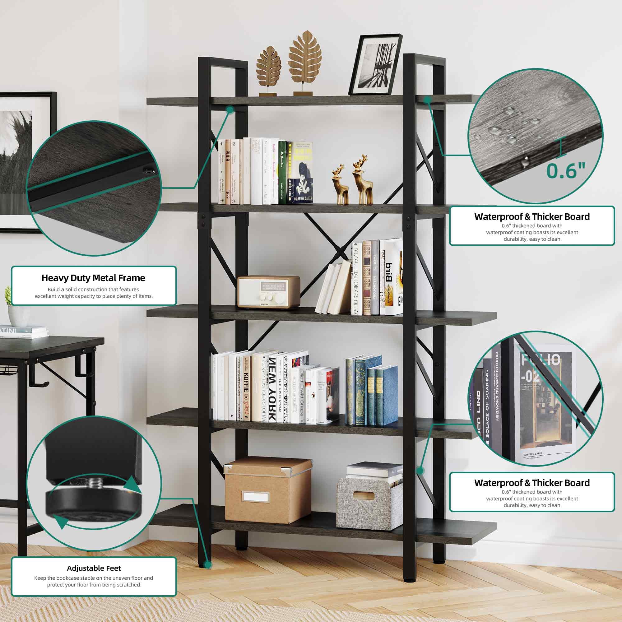 Dextrus Industrial 5 Shelf Bookcase, Modern Free Standing Bookshelf Storage Organizer with Metal Frame, Book Shelves for Living Room Bedroom Balcony Home Office, Gray Wash