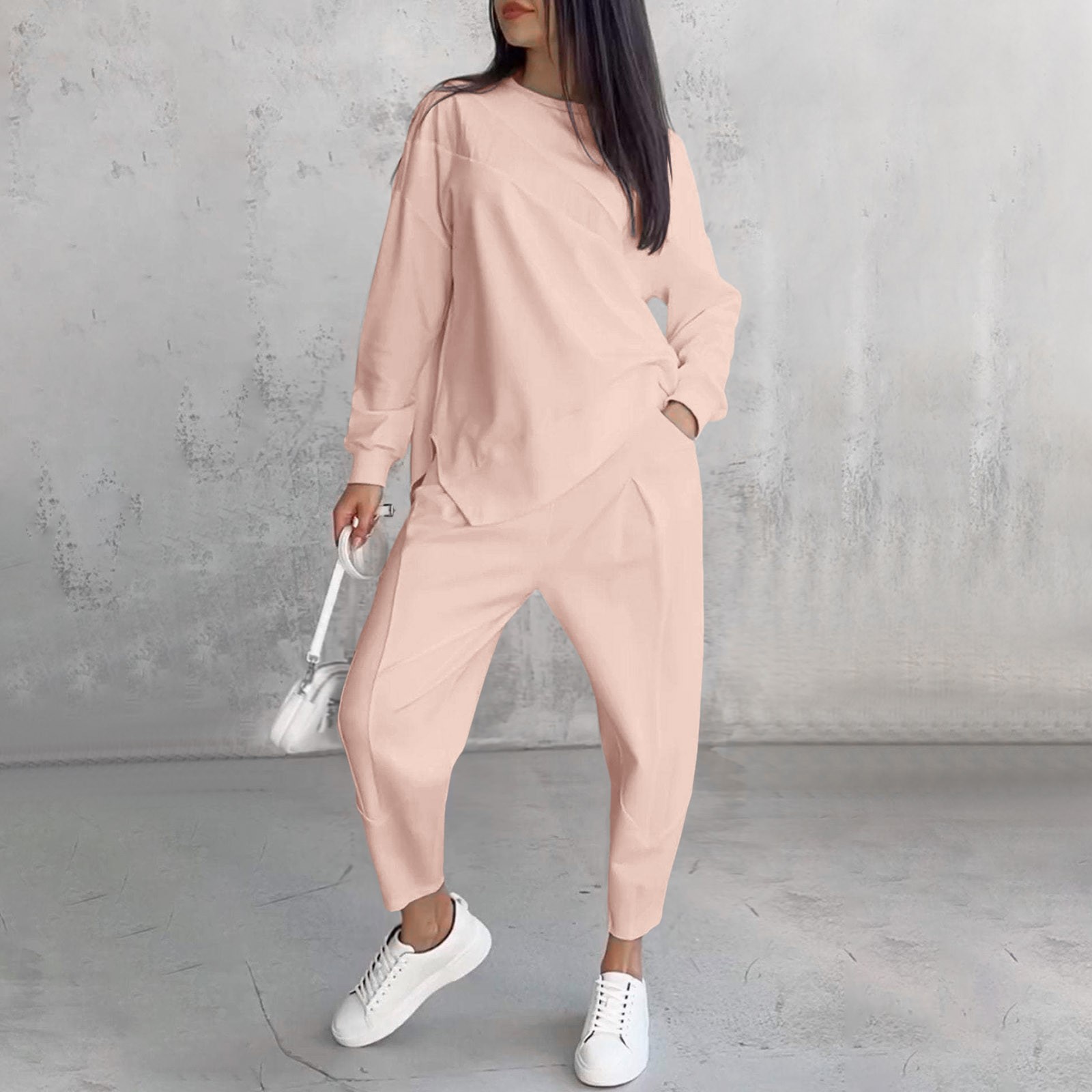 MODSGUE Tenue de voyage 2 pièces pour femme, ensembles assortis, col rond, t -shirt, basique, hauts, jambes larges, pantalon, combinaison de loisirs, combinaison de sport, tenue d'avion, bleu, M